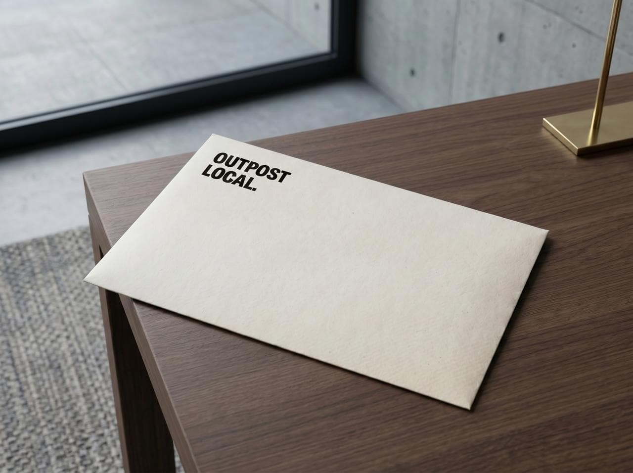 An Outpost Local branded envelope on a timber desk