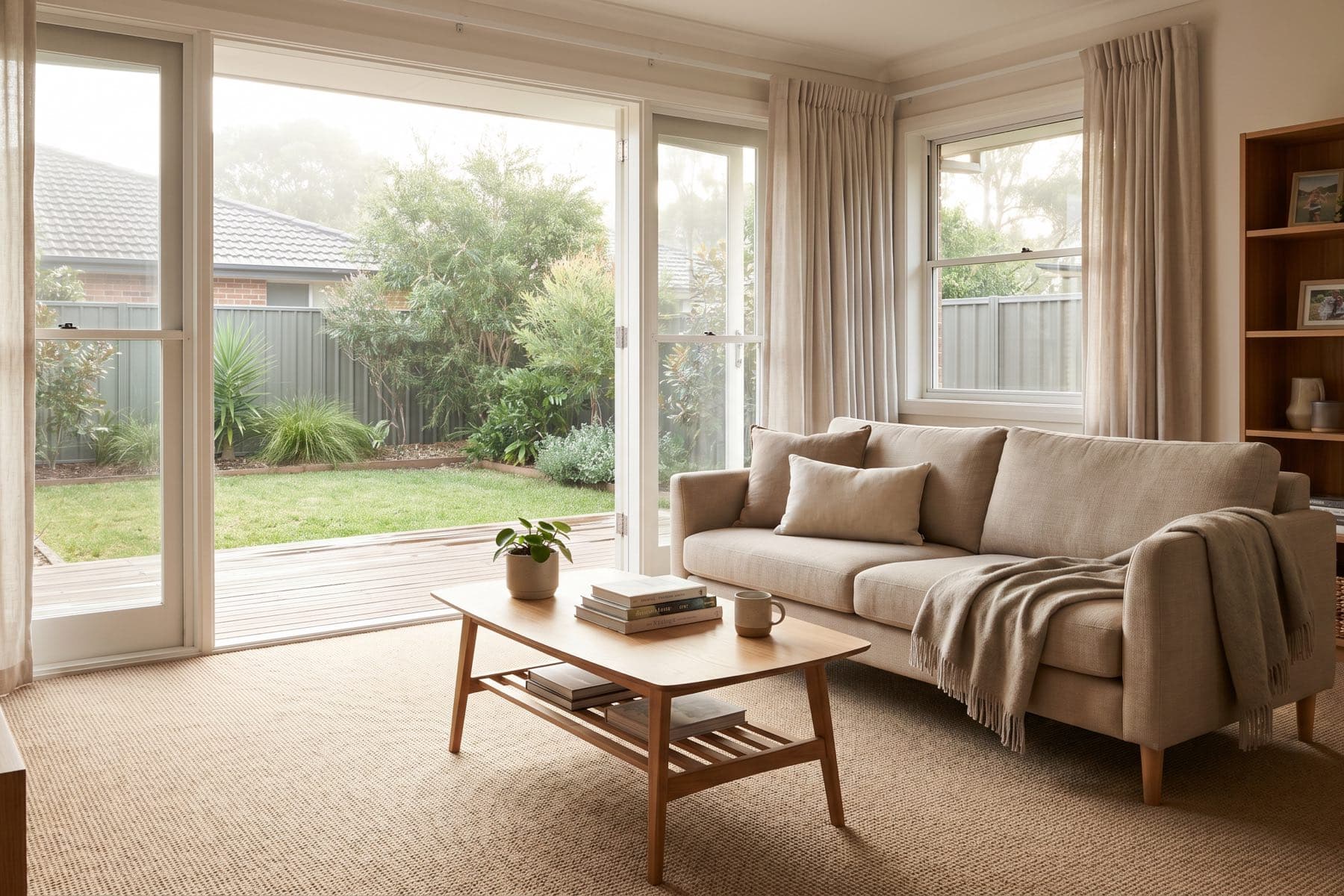 A clean, sunlit living room in a Sydney home